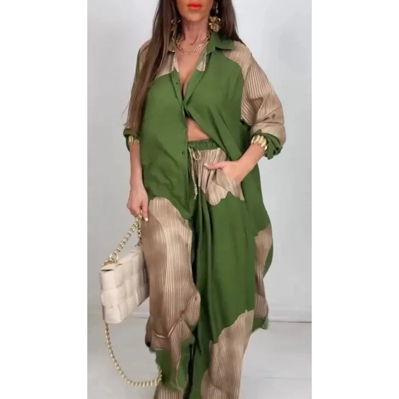 Casual 2 Piece Loose Outfit for Women Long Sleeve Button Down Shirt