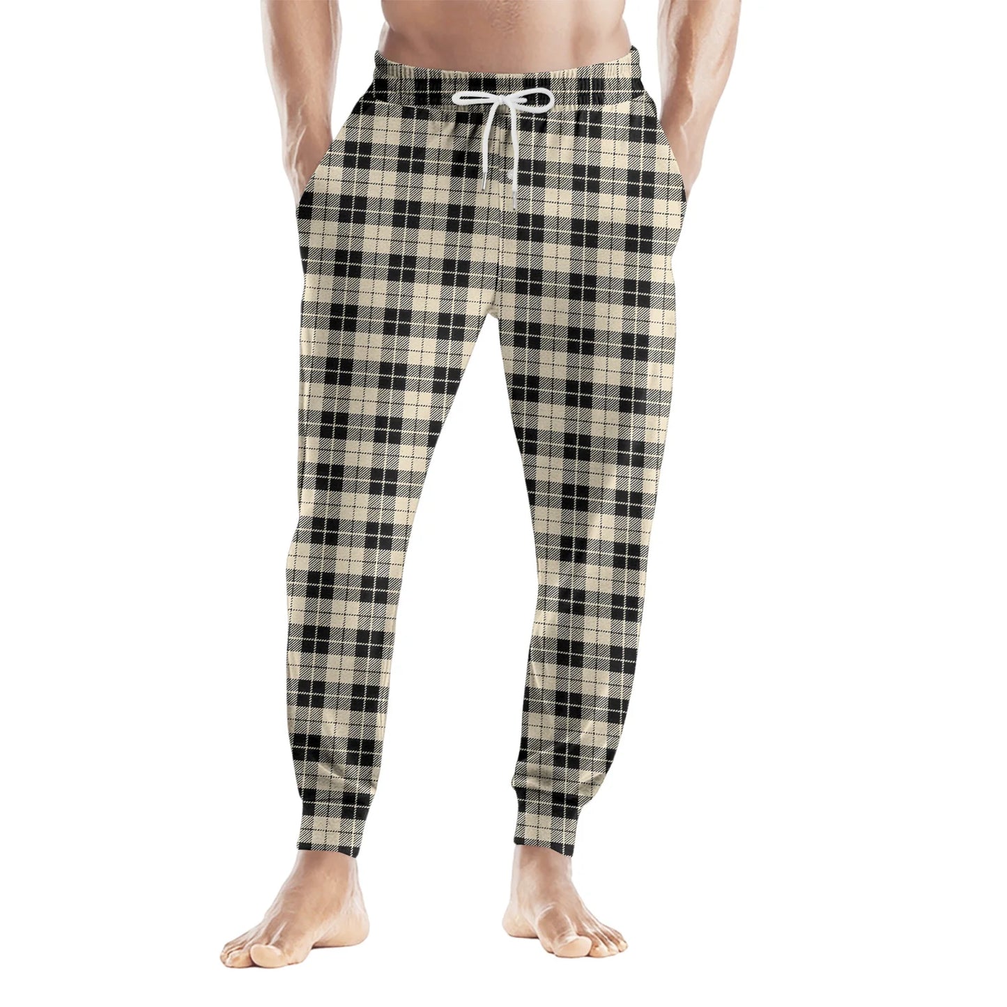 Men Elastic Waist Pants Checkered Print Lounge Sleepwear