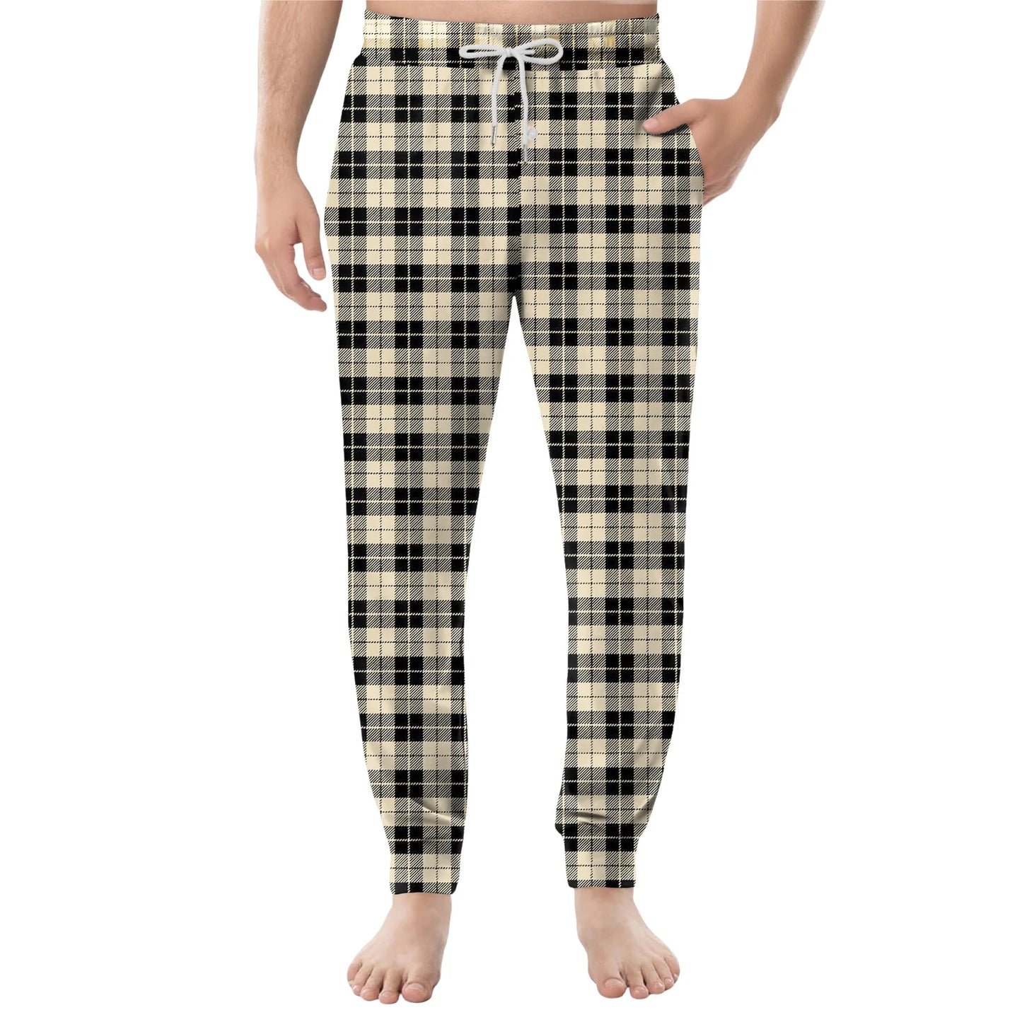 Men Elastic Waist Pants Checkered Print Lounge Sleepwear