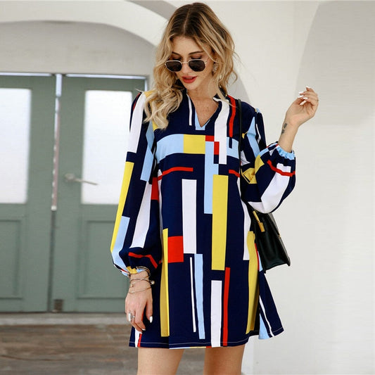 Geometric Print Notched Collar Casual Shirt Dress Women Spring Street Wear Long Sleeve Ladies Straight Short Dresses