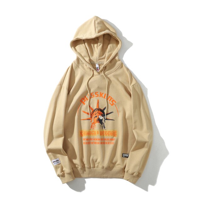 Street Wear Hip Hop Style Funny Statue of Liberty Hoodie Sweatshirt Men Harajuku Hoodie Pullover Cotton Khaki