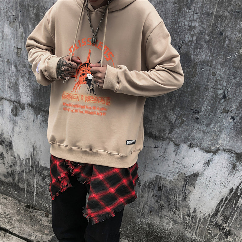 Street Wear Hip Hop Style Funny Statue of Liberty Hoodie Sweatshirt Men Harajuku Hoodie Pullover Cotton Khaki