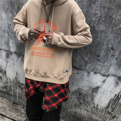 Street Wear Hip Hop Style Funny Statue of Liberty Hoodie Sweatshirt Men Harajuku Hoodie Pullover Cotton Khaki